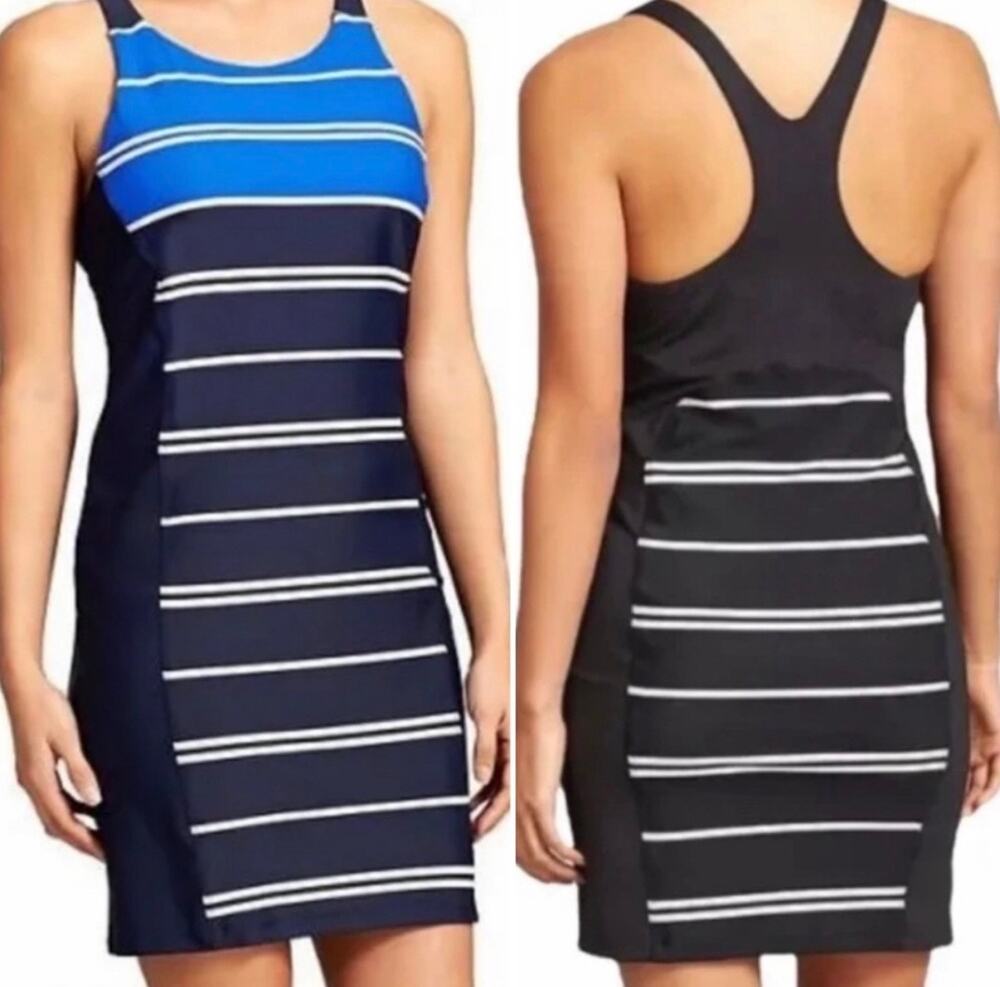 Athleta Caspian Blue Stripe Colorblock Swim Dress Size XXS